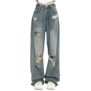 Jean rétro troué, taille haute, entrejambe droit, ample, Slim - 270725/0909