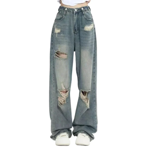 Jean rétro troué, taille haute, entrejambe droit, ample, Slim - 270725/0909