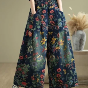 Jean Plissé à Imprimé Floral, Jambes Larges - 270725/0934