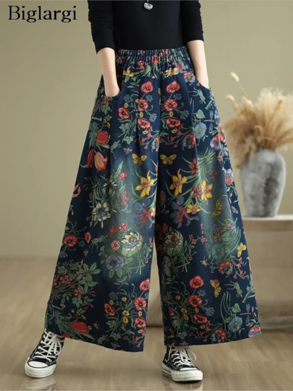 Jean Plissé à Imprimé Floral, Jambes Larges - 270725/0934