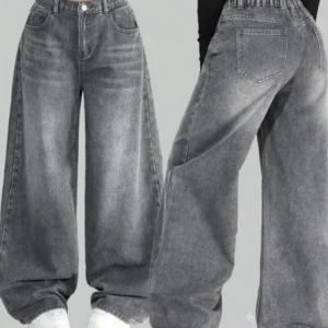 Jean Baggy délavé de couleur unie, Streetwear, taille haute,  jambes larges - 270725/0928