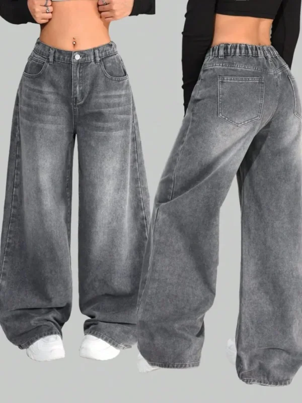 Jean Baggy délavé de couleur unie, Streetwear, taille haute,  jambes larges - 270725/0928
