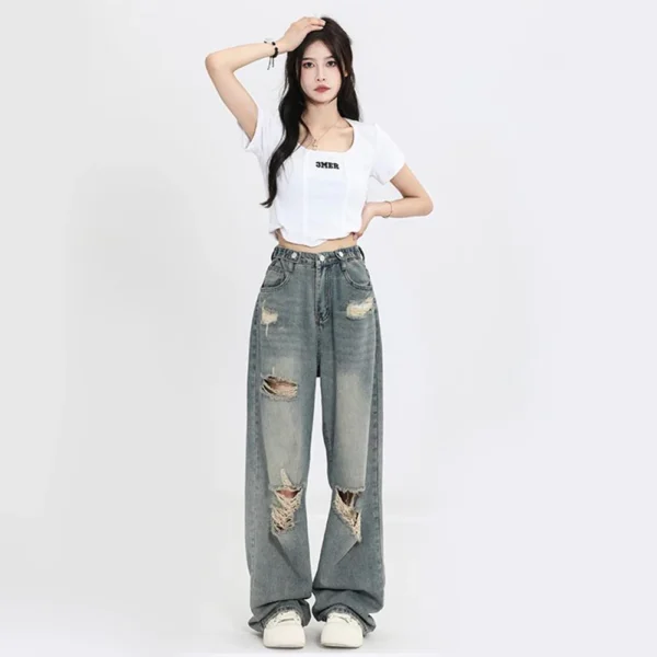 Jean rétro troué, taille haute, entrejambe droit, ample, Slim - 270725/0909 – Image 3