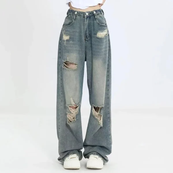 Jean rétro troué, taille haute, entrejambe droit, ample, Slim - 270725/0909 – Image 2