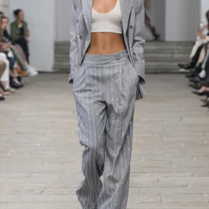 Ensemble deux pièces, pantalon gris, strass, bouton unique, Blazer + diamants rayés scintillants - 110825/1110