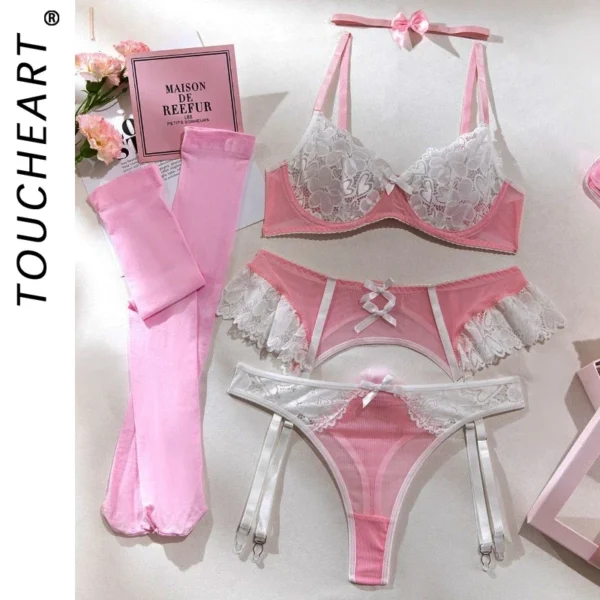Ensemble de lingerie sexy en dentelle, nœud papillon, à lacets, maille patchwork, soutien-gorge transparent, ensembles de culottes, 5 pièces - à-à_é(:éà"& – Image 4
