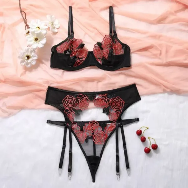 Ensemble Sexy 3 pièces en dentelle,  broderie soutien-gorge - 060825/2222 – Image 5