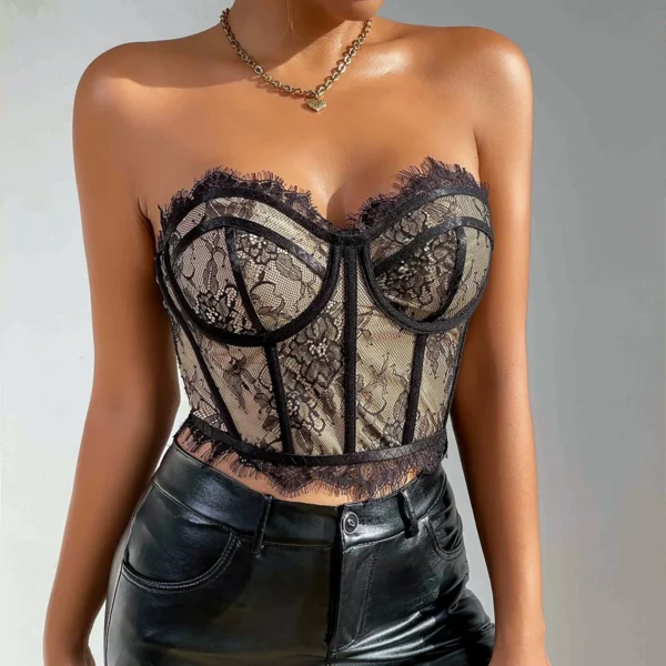 Corset en Dentelle Florale Vintage, Haut Court Noir, Broderie en Dentelle, sans bretelles - 030825/1846 – Image 4