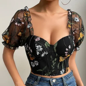 Bustier en maille brodée,  manches bulles, coupe couvertes, col en V, dos nu - 030825/1901