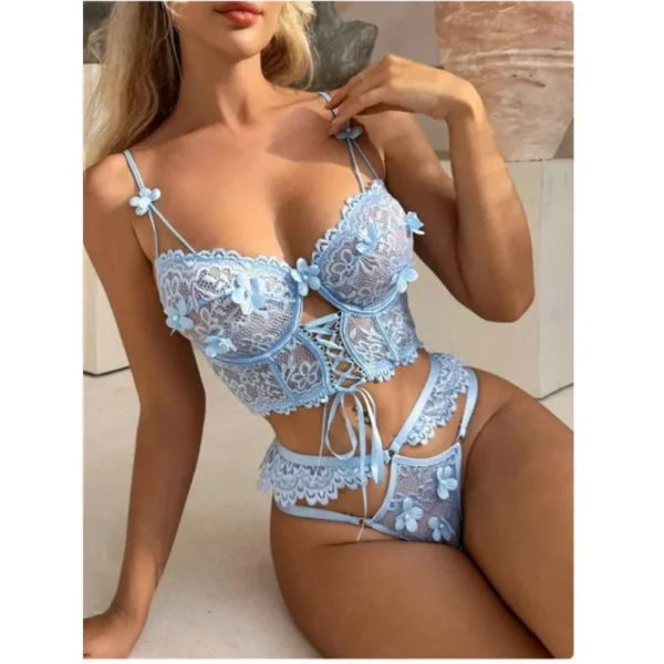 Ensemble Sexy sangle à armatures dentelle soutien-gorge, perlé, 3D fleur évider transparent à lacets - 060825/2106