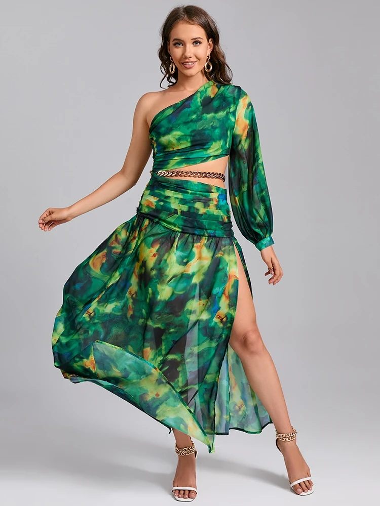 Robe longue de soirée à imprimé Floral, asymétrique épaule dénudée, col Diagonal, manches longues, ajouré - 110825/1113 – Image 5