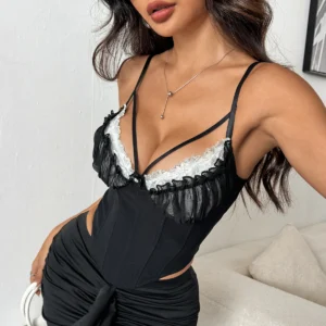 Corset sexy avec coussinets de poitrine, haut court, sangle spaghetti - 030825/1930