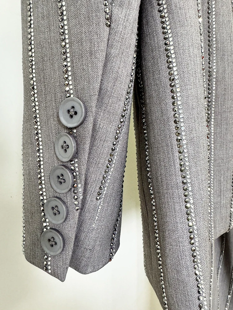 Ensemble deux pièces, pantalon gris, strass, bouton unique, Blazer + diamants rayés scintillants - 110825/1110 – Image 4