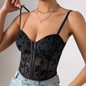 Corset en dentelle brodée sexy, bouton avant - 050825/2225