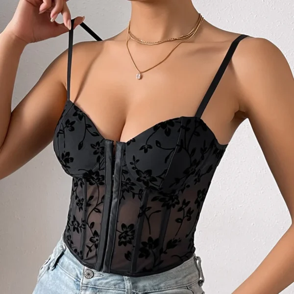 Corset en dentelle brodée sexy, bouton avant - 050825/2225