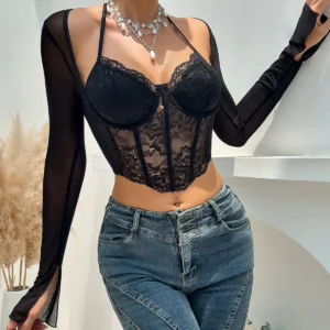 Bustier en Dentelle Transparente, Haut Court, Élégant, Col Licou - 030825/1017
