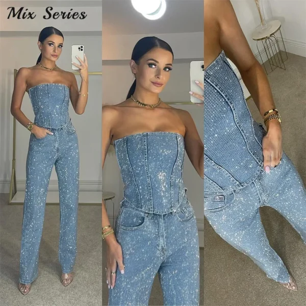 Ensemble gilet et pantalon à paillettes, Sexy, slim, sans bretelles, taille haute, pantalon Long - 030825/2134 – Image 6