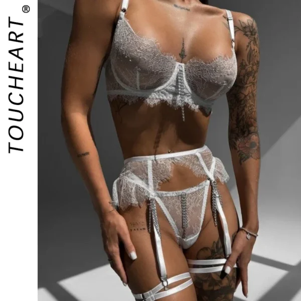 Ensemble de soutien-gorge transparent, lingerie sexy, dentelle , porte-jarretelle en maille - 060825/2036 – Image 6