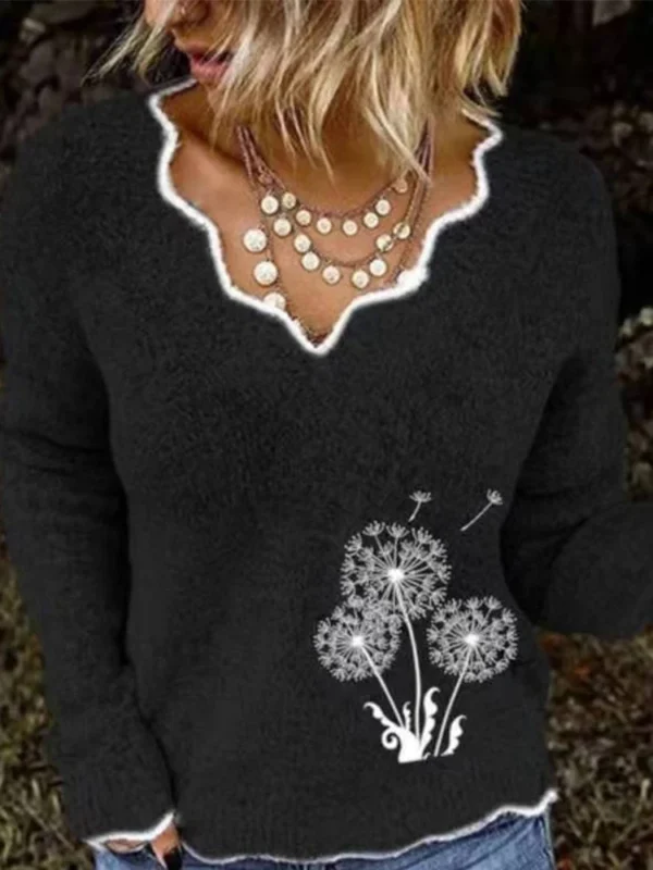 Pull à manches longues et col en v, motif imprimé - 070825/2238