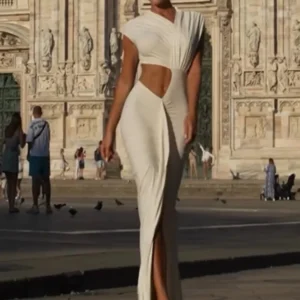 Robe blanche longue évidée à col sexy - 120825/0930