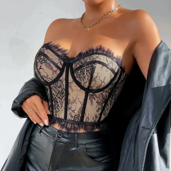 Corset en Dentelle Florale Vintage, Haut Court Noir, Broderie en Dentelle, sans bretelles - 030825/1846 – Image 2