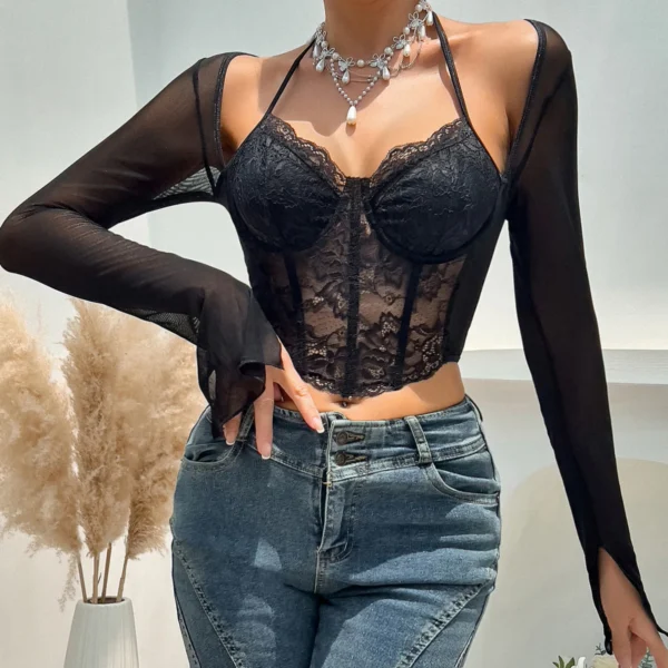 Bustier en Dentelle Transparente, Haut Court, Élégant, Col Licou - 030825/1017 – Image 3