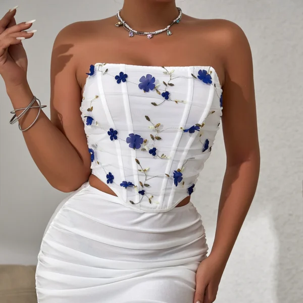 Bustier en maille sans bretelles, broderie florale vintage, dos nu - 030825/1201 – Image 2