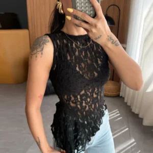 Alternative view of Débardeur été dentelle Sexy, col rond, transparent, sans manches - 120825/1626