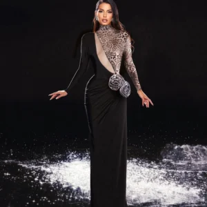 Robe noir Sexy manches longues léopard et fleur - 120825/0926