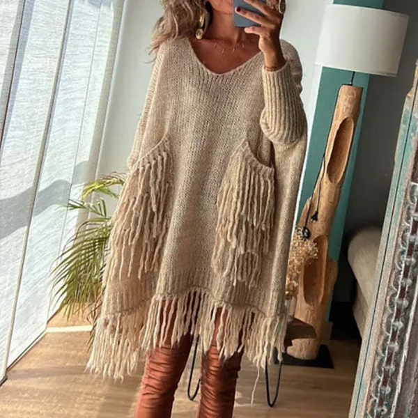 Pull Vintage à Manches sulfet Poches avec Pompon, Col en V,  Décontractée - 070825/2243 – Image 3