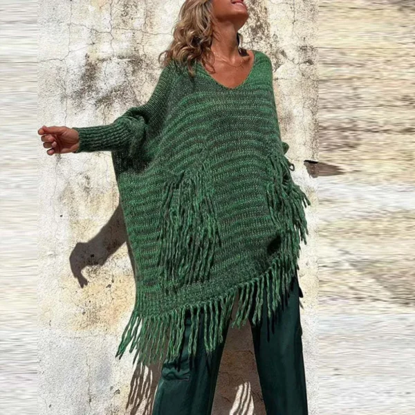 Pull Vintage à Manches sulfet Poches avec Pompon, Col en V,  Décontractée - 070825/2243 – Image 5