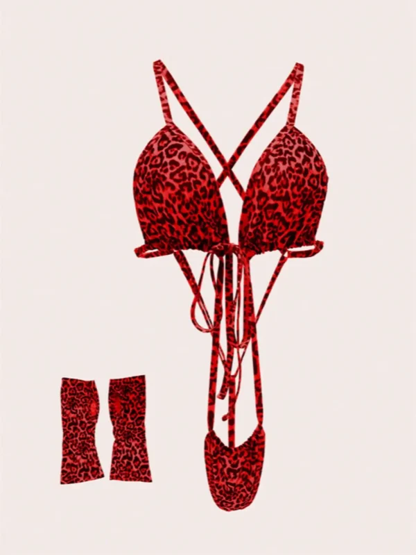 Ensemble de Lingerie Sexy deux pièces, gants, motif imprimé léopard, bretelles, body croisé - 060825/1814 – Image 6
