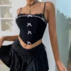 Corset dos nu, nœud en dentelle, coupe basse, licou, noir - 030825/1844