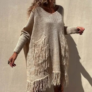 Pull Vintage à Manches sulfet Poches avec Pompon, Col en V,  Décontractée - 070825/2243