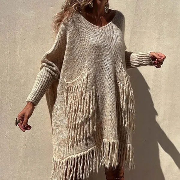 Pull Vintage à Manches sulfet Poches avec Pompon, Col en V,  Décontractée - 070825/2243