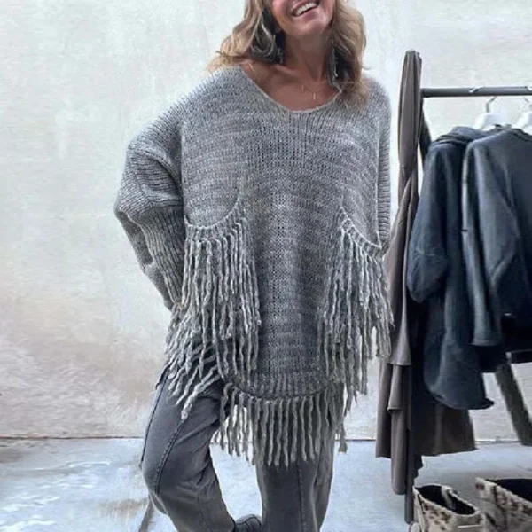Pull Vintage à Manches sulfet Poches avec Pompon, Col en V,  Décontractée - 070825/2243 – Image 6