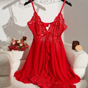 Alternative view of Chemise de nuit en dentelle, décolleté en V profond, dos nu, avec nœud, transparente, 2 pièces avec string - 060825/2101