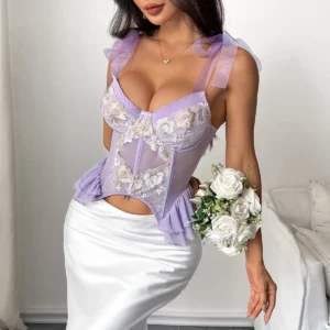 Bustier Sexy  Chic brodé en dentelle, débardeur Slim, coupe basse, transparent, col licou - 030825/1036