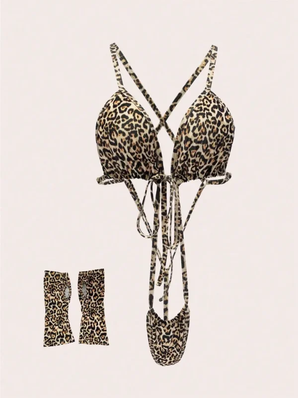 Ensemble de Lingerie Sexy deux pièces, gants, motif imprimé léopard, bretelles, body croisé - 060825/1814 – Image 3