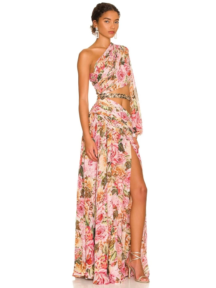 Robe longue de soirée à imprimé Floral, asymétrique épaule dénudée, col Diagonal, manches longues, ajouré - 110825/1113 – Image 3