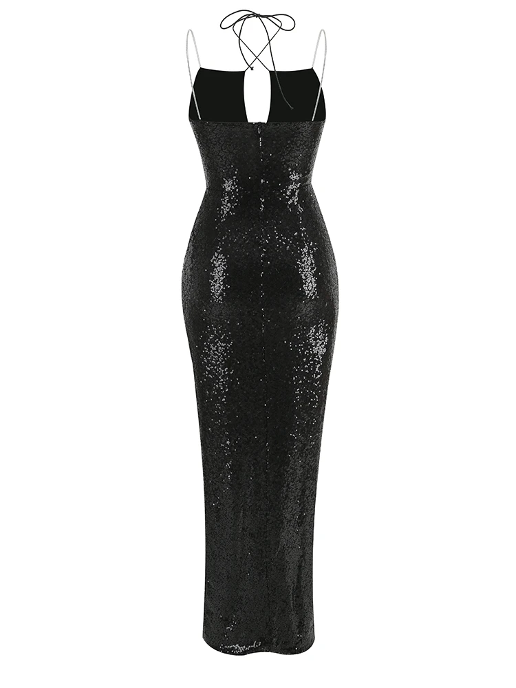 Robe à Paillettes Noires, Tenue Sexy, Élégante, Dos aux, à Lacets, Fente Haute Latérale - 110825/1124 – Image 6