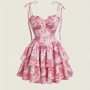 Robe mi-longue à double ourlet,  licou floral, vintage - 030825/1908