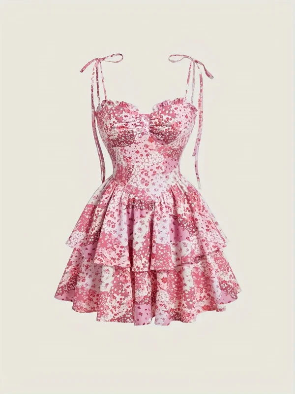 Robe mi-longue à double ourlet,  licou floral, vintage - 030825/1908