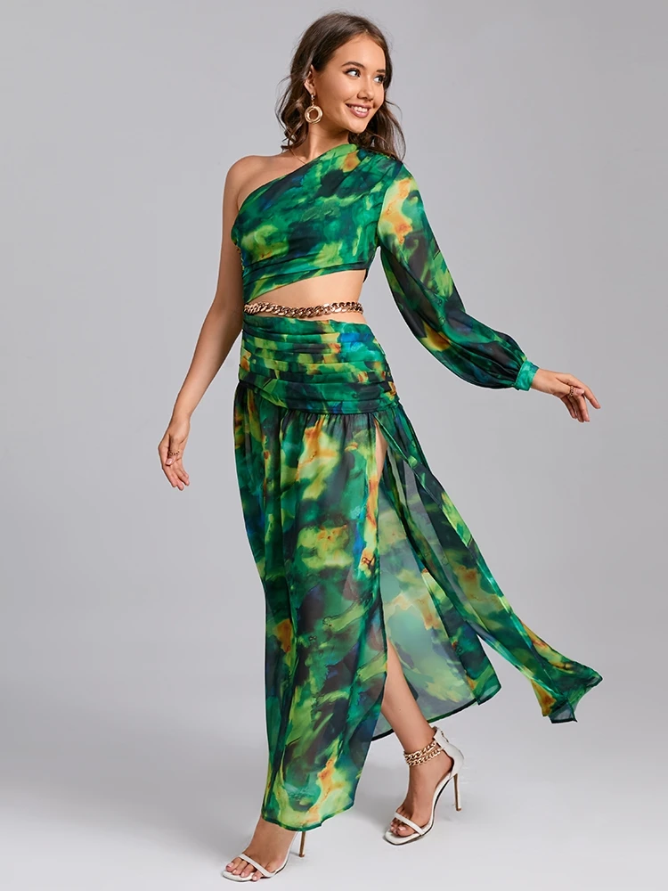 Robe longue de soirée à imprimé Floral, asymétrique épaule dénudée, col Diagonal, manches longues, ajouré - 110825/1113 – Image 6