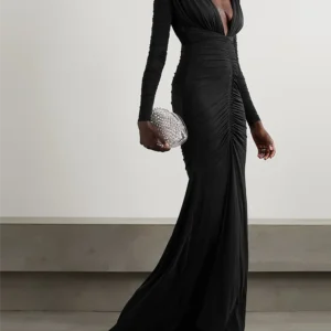 Robe à Manches longue et Col en V Profond Noir, Plié, Fendu, Slim, Élégant - 110825/1126