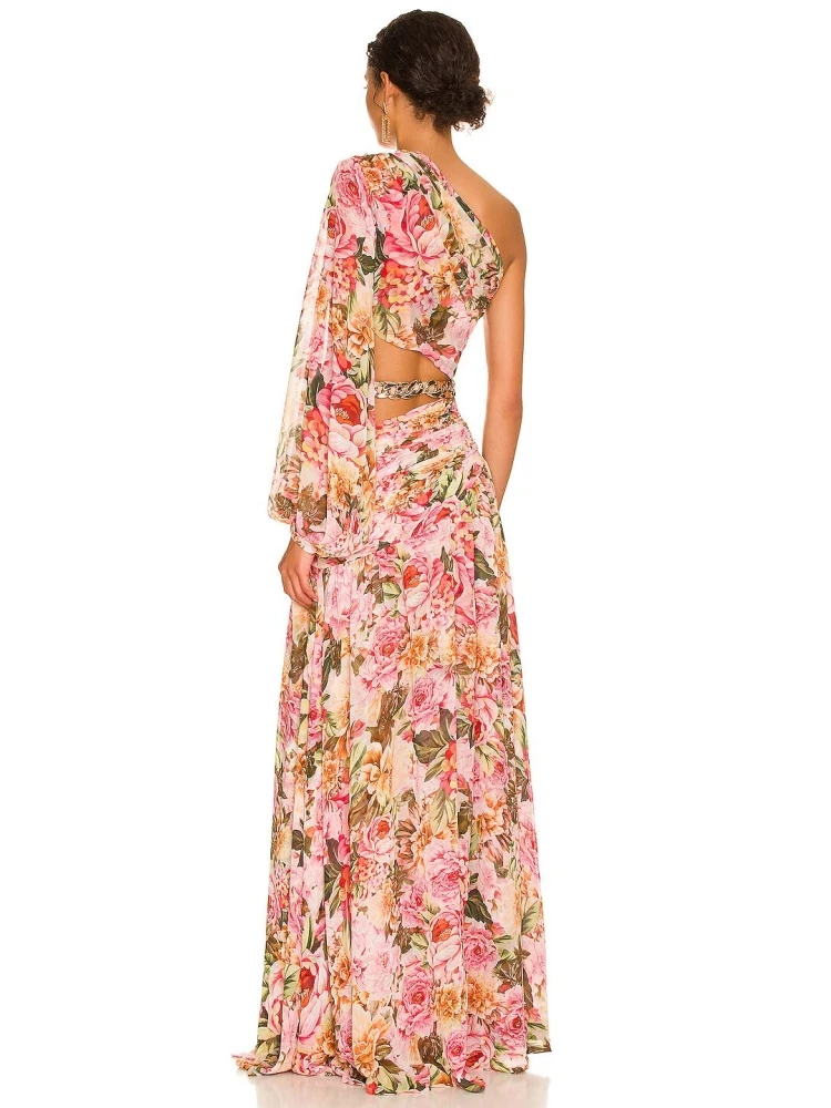 Robe longue de soirée à imprimé Floral, asymétrique épaule dénudée, col Diagonal, manches longues, ajouré - 110825/1113 – Image 4