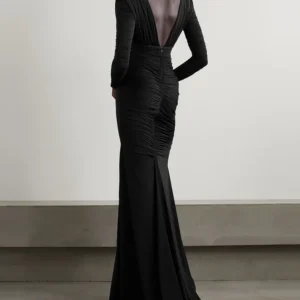 Alternative view of Robe à Manches longue et Col en V Profond Noir, Plié, Fendu, Slim, Élégant - 110825/1126