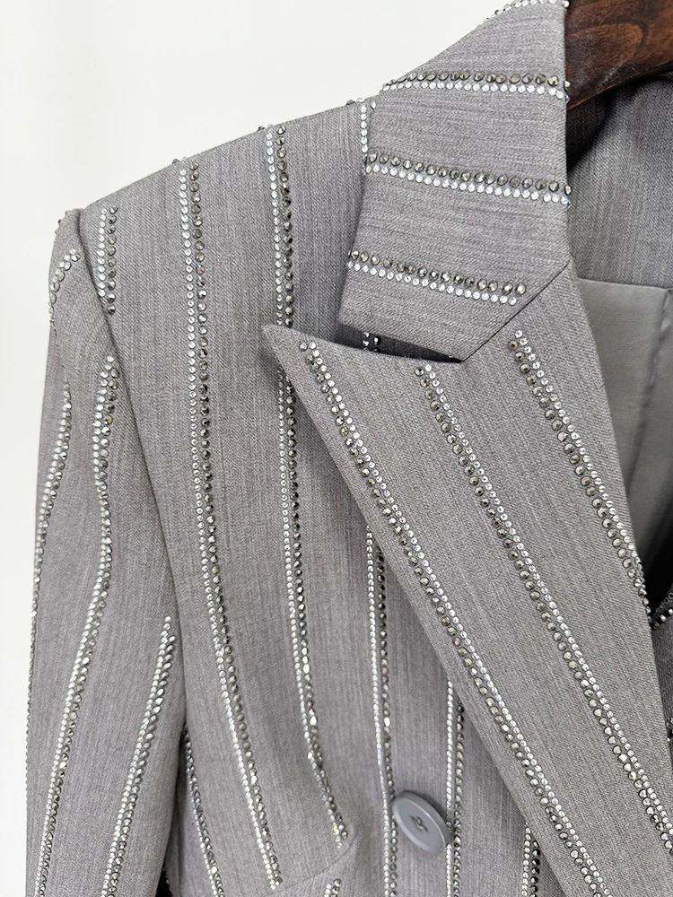 Ensemble deux pièces, pantalon gris, strass, bouton unique, Blazer + diamants rayés scintillants - 110825/1110 – Image 6