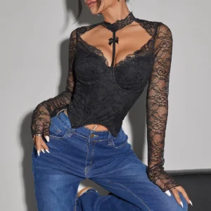 Bustier en dentelle transparente, sexy, haut court, t-shirt élégant à col licou et nœud, chemisier à manches longues - 030825/1021