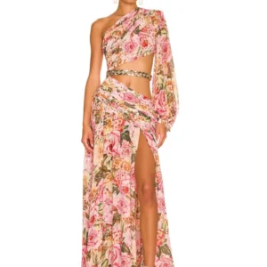 Alternative view of Robe longue de soirée à imprimé Floral, asymétrique épaule dénudée, col Diagonal, manches longues, ajouré - 110825/1113